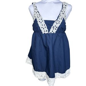 Anthropologie Navy and White Lace Trim Blouse